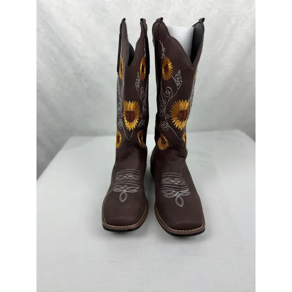 Women's Brown Sunflower Embroidered Western Cowboy Boots EU 43 / US 11